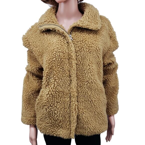 PacSun Teddy Jacket Faux Fur Sherpa Fleece Full zip up Lined Oversized Tan M L - Picture 3 of 10
